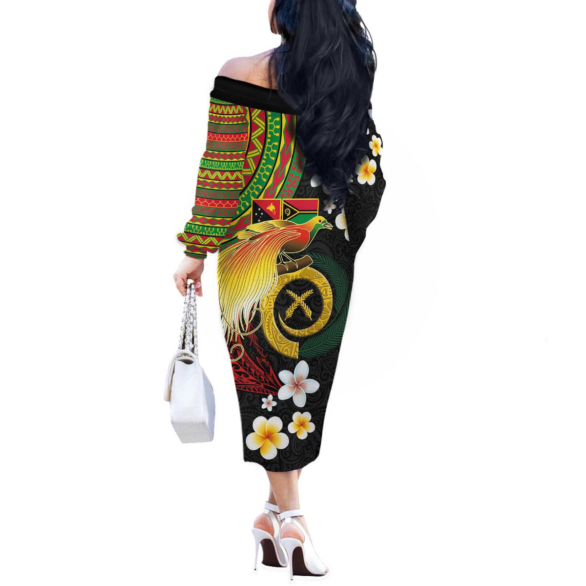 Vanuatu and Papua New Guinea Together Off The Shoulder Long Sleeve Dress Bird-of-paradise and Pig Tusk Melanesian Pattern