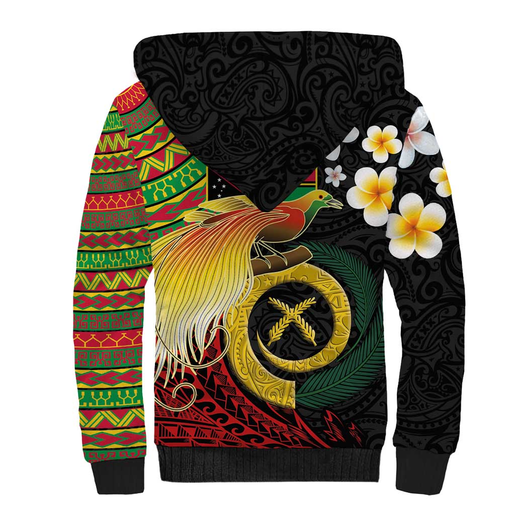 Vanuatu and Papua New Guinea Together Sherpa Hoodie Bird-of-paradise and Pig Tusk Melanesian Pattern
