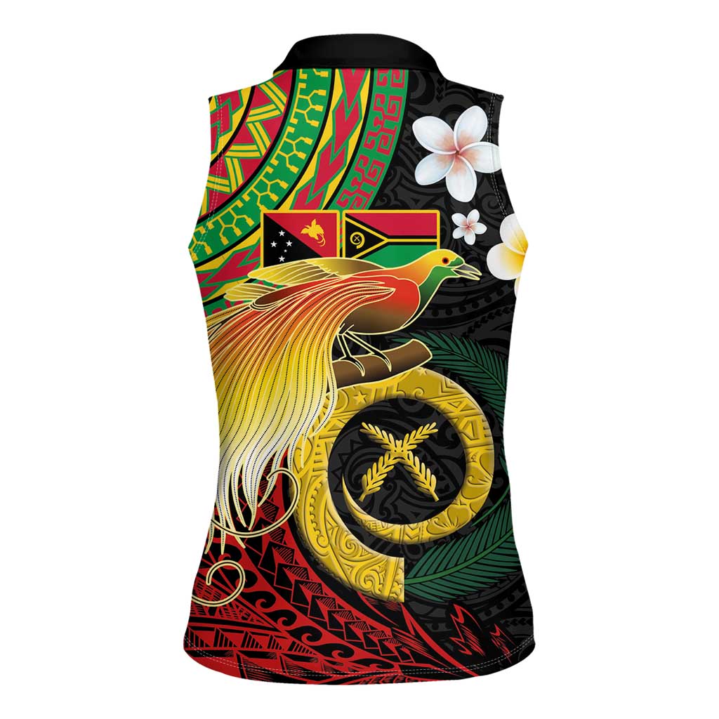 Vanuatu and Papua New Guinea Together Women Sleeveless Polo Shirt Bird-of-paradise and Pig Tusk Melanesian Pattern