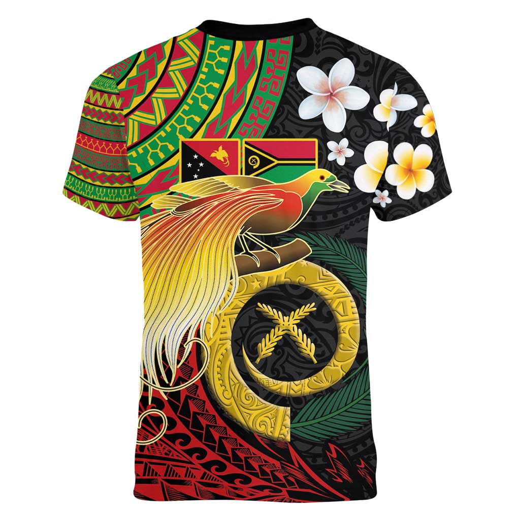 Vanuatu and Papua New Guinea Together Women V-Neck T-Shirt Bird-of-paradise and Pig Tusk Melanesian Pattern