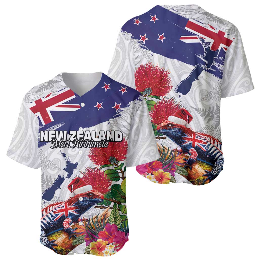 New Zealand Christmas Baseball Jersey Meri Kirihimete-Tuatara and Pohutukawa White Color