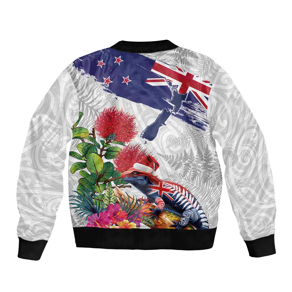 New Zealand Christmas Bomber Jacket Meri Kirihimete-Tuatara and Pohutukawa White Color