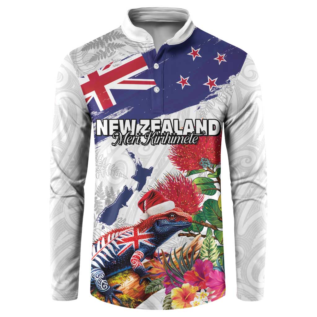 New Zealand Christmas Button Sweatshirt Meri Kirihimete-Tuatara and Pohutukawa White Color