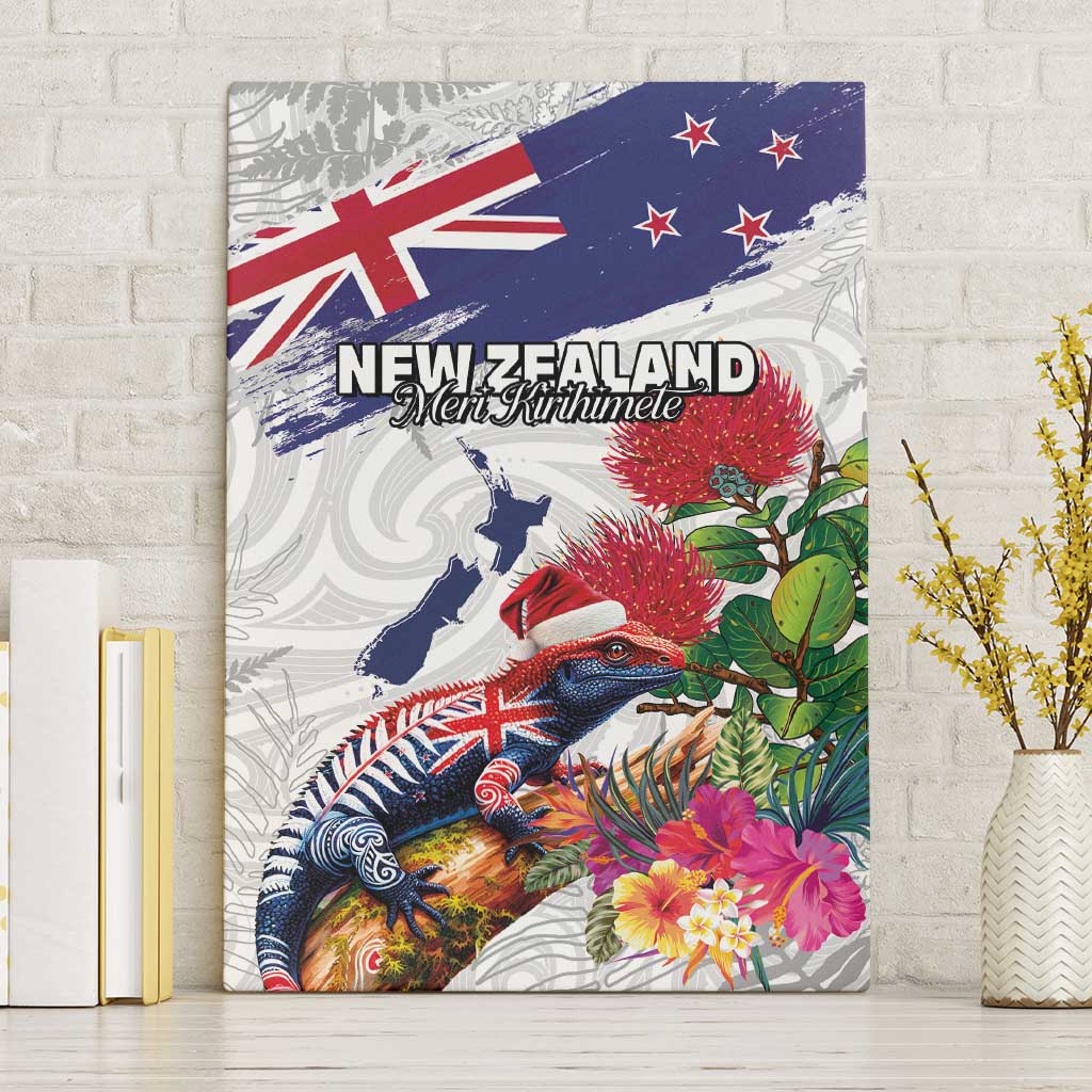 New Zealand Christmas Canvas Wall Art Meri Kirihimete-Tuatara and Pohutukawa White Color
