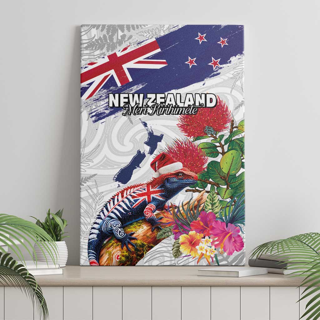 New Zealand Christmas Canvas Wall Art Meri Kirihimete-Tuatara and Pohutukawa White Color
