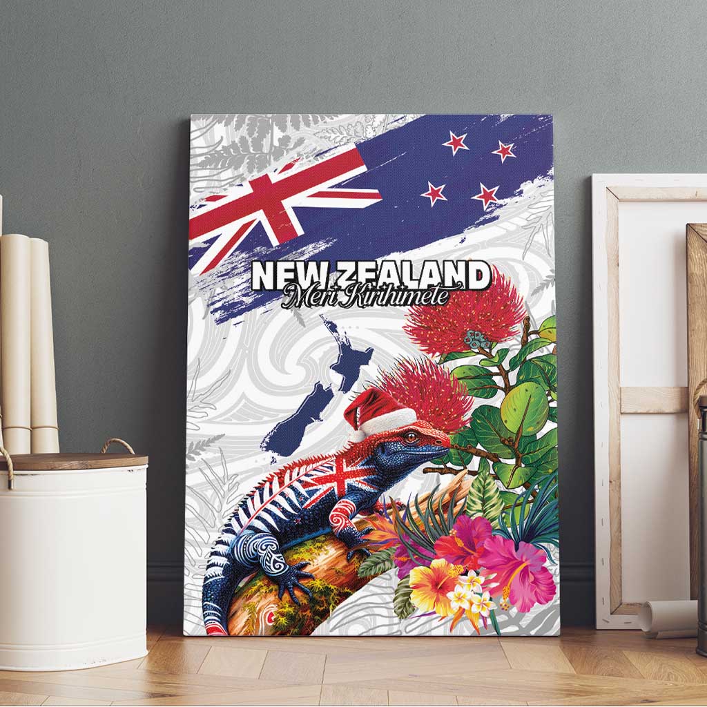 New Zealand Christmas Canvas Wall Art Meri Kirihimete-Tuatara and Pohutukawa White Color