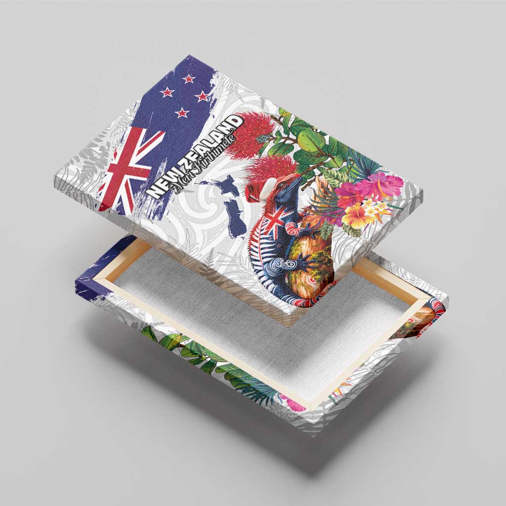 New Zealand Christmas Canvas Wall Art Meri Kirihimete-Tuatara and Pohutukawa White Color