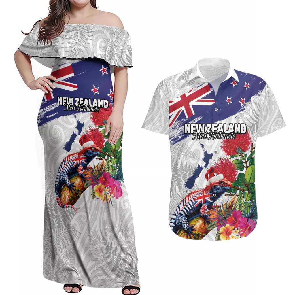 New Zealand Christmas Couples Matching Off Shoulder Maxi Dress and Hawaiian Shirt Meri Kirihimete-Tuatara and Pohutukawa White Color