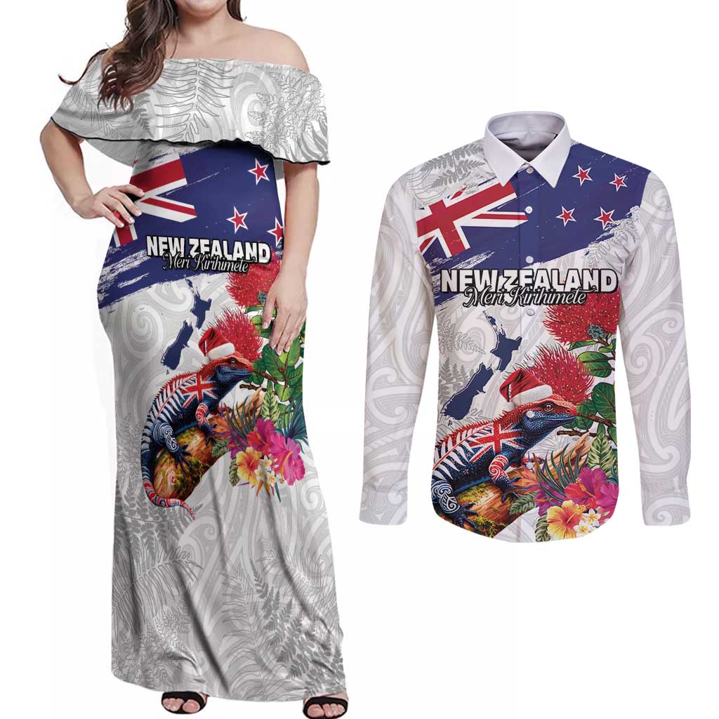 New Zealand Christmas Couples Matching Off Shoulder Maxi Dress and Long Sleeve Button Shirt Meri Kirihimete-Tuatara and Pohutukawa White Color