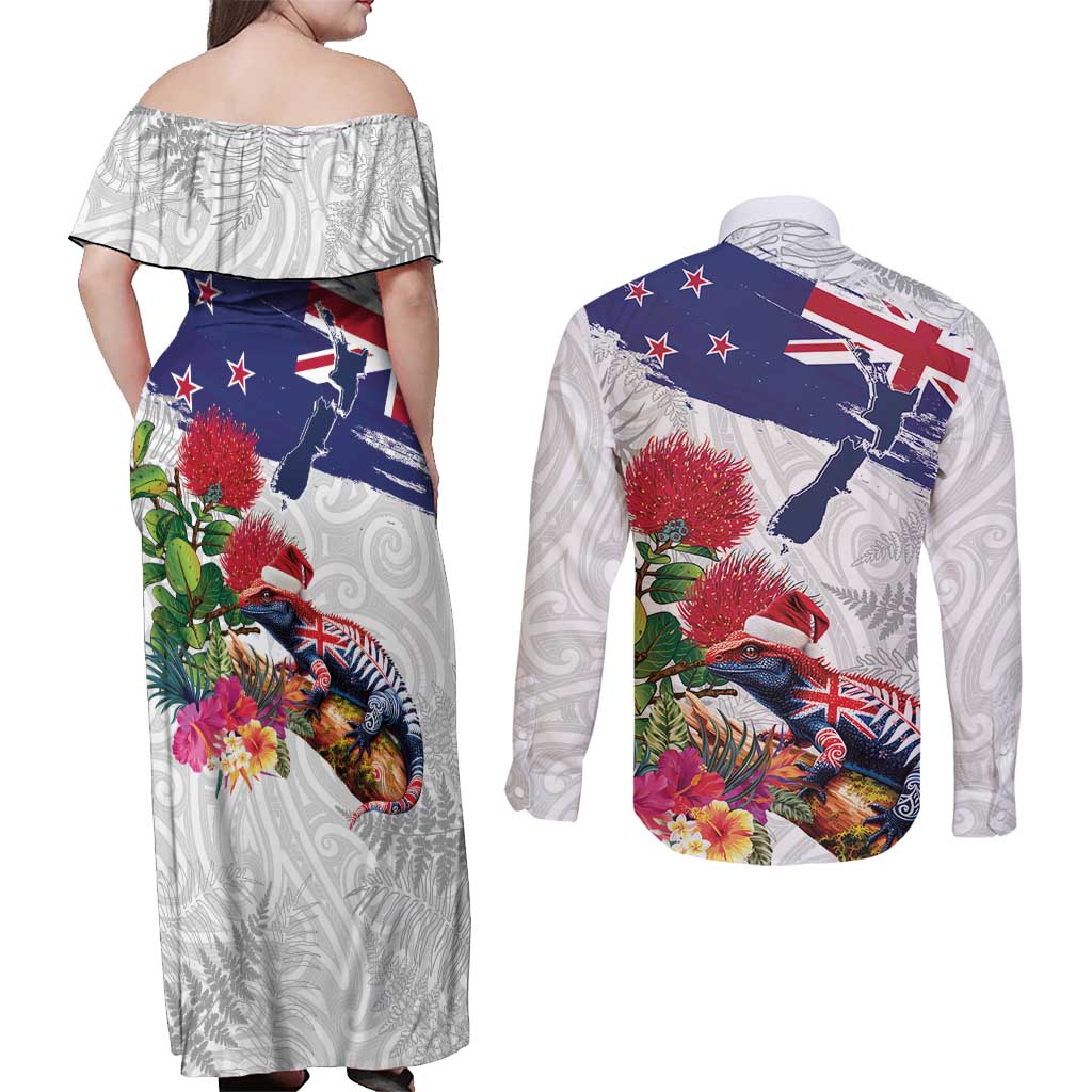 New Zealand Christmas Couples Matching Off Shoulder Maxi Dress and Long Sleeve Button Shirt Meri Kirihimete-Tuatara and Pohutukawa White Color
