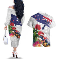 New Zealand Christmas Couples Matching Off The Shoulder Long Sleeve Dress and Hawaiian Shirt Meri Kirihimete-Tuatara and Pohutukawa White Color