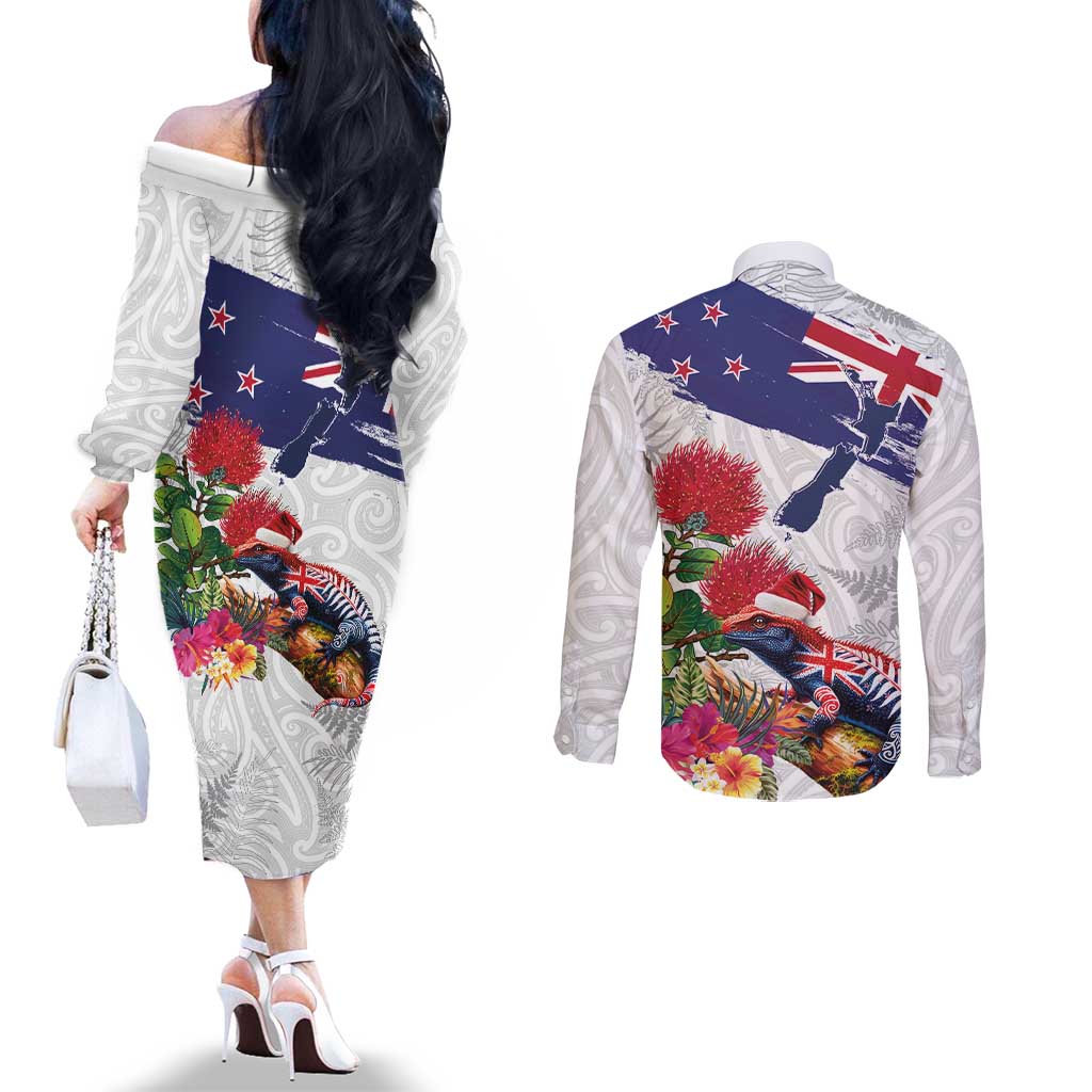 New Zealand Christmas Couples Matching Off The Shoulder Long Sleeve Dress and Long Sleeve Button Shirt Meri Kirihimete-Tuatara and Pohutukawa White Color