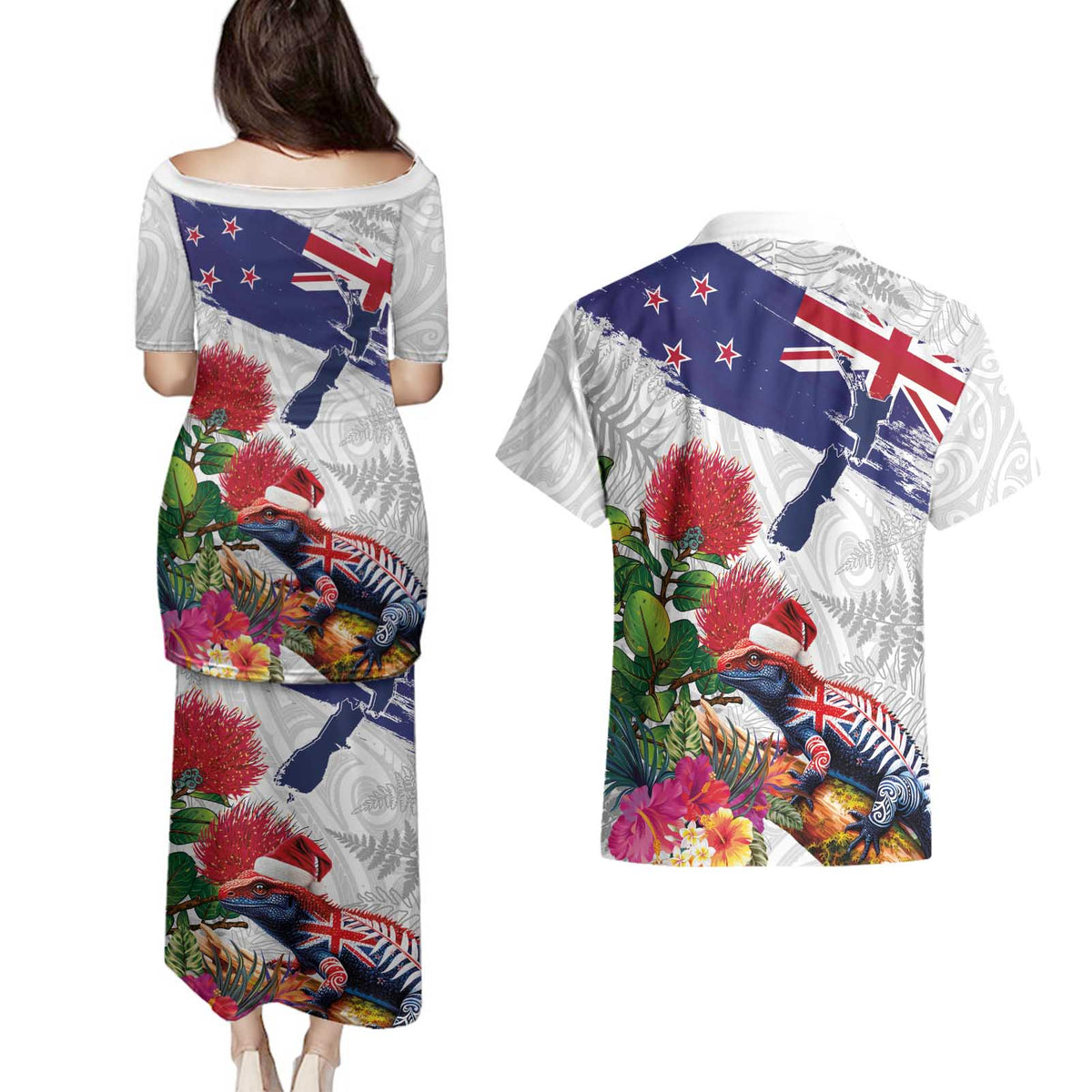 New Zealand Christmas Couples Matching Puletasi and Hawaiian Shirt Meri Kirihimete-Tuatara and Pohutukawa White Color