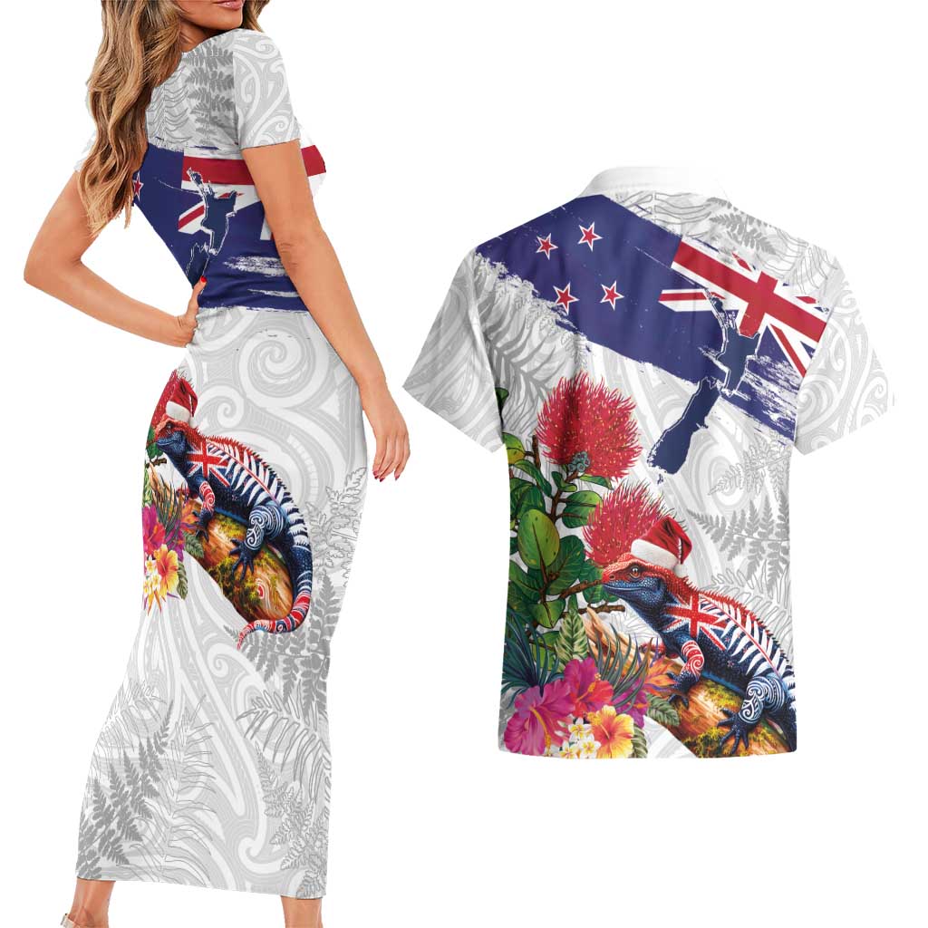 New Zealand Christmas Couples Matching Short Sleeve Bodycon Dress and Hawaiian Shirt Meri Kirihimete-Tuatara and Pohutukawa White Color