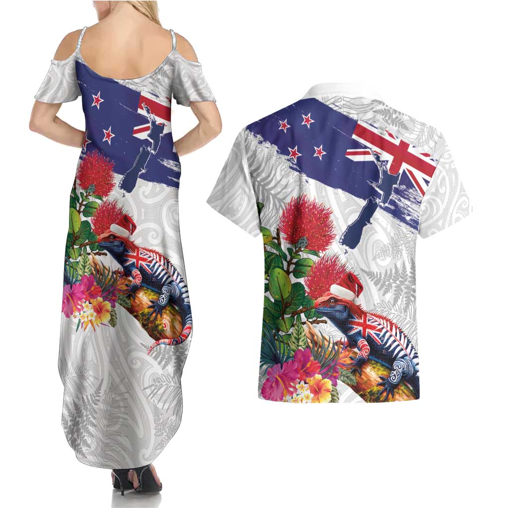 New Zealand Christmas Couples Matching Summer Maxi Dress and Hawaiian Shirt Meri Kirihimete-Tuatara and Pohutukawa White Color