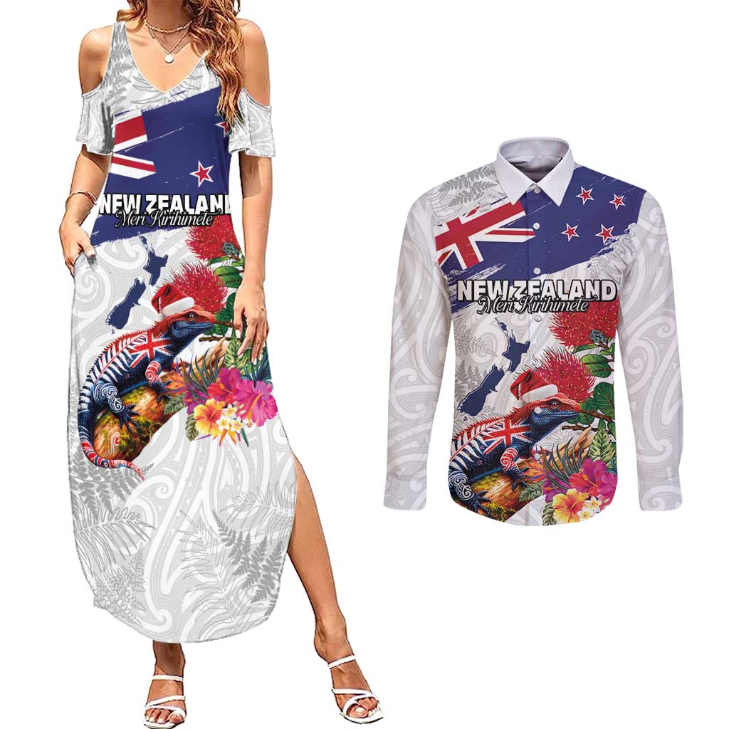 New Zealand Christmas Couples Matching Summer Maxi Dress and Long Sleeve Button Shirt Meri Kirihimete-Tuatara and Pohutukawa White Color