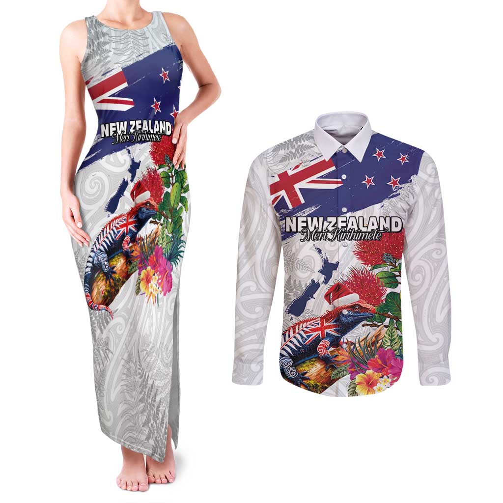 New Zealand Christmas Couples Matching Tank Maxi Dress and Long Sleeve Button Shirt Meri Kirihimete-Tuatara and Pohutukawa White Color