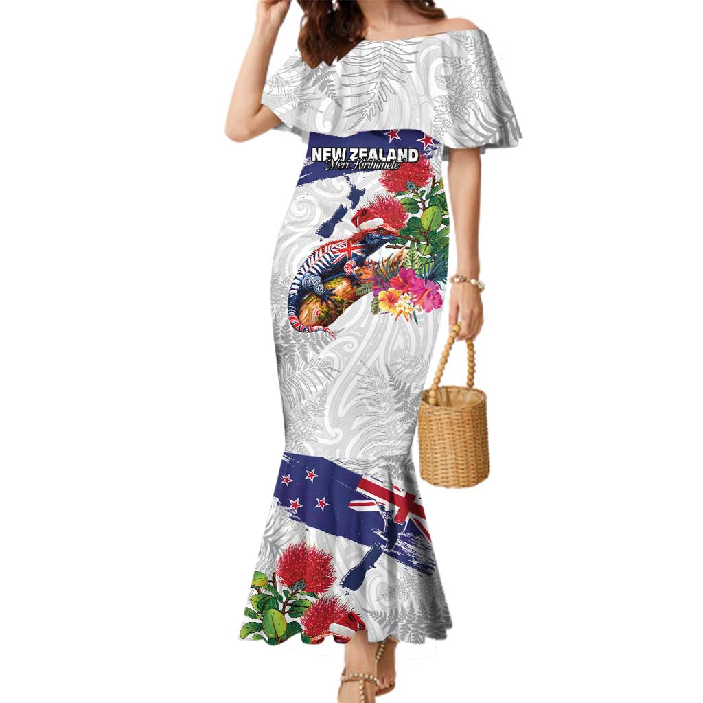 New Zealand Christmas Family Matching Mermaid Dress and Hawaiian Shirt Meri Kirihimete-Tuatara and Pohutukawa White Color