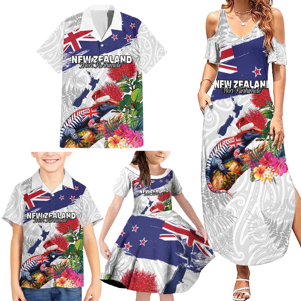 New Zealand Christmas Family Matching Summer Maxi Dress and Hawaiian Shirt Meri Kirihimete-Tuatara and Pohutukawa White Color