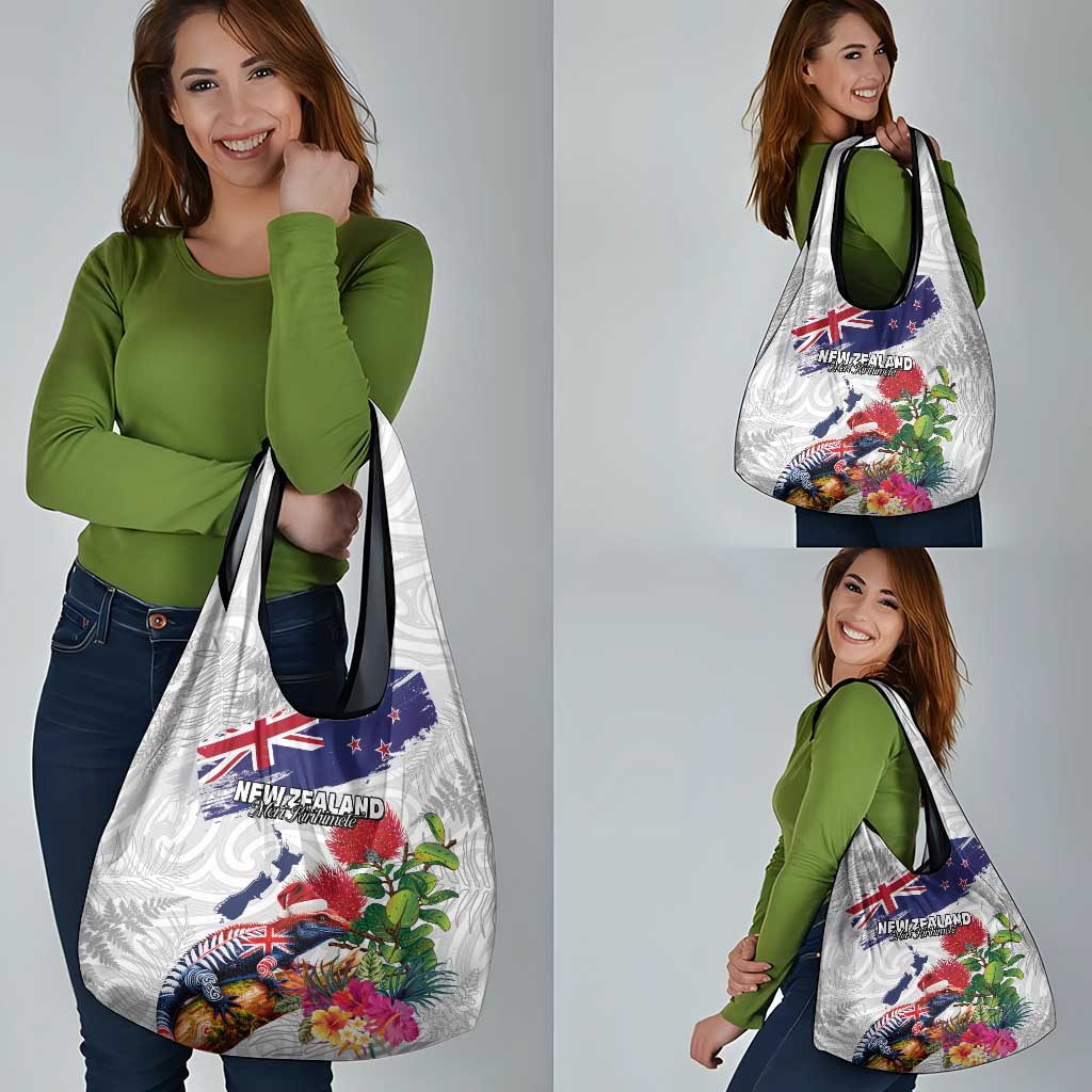 New Zealand Christmas Grocery Bag Meri Kirihimete-Tuatara and Pohutukawa White Color