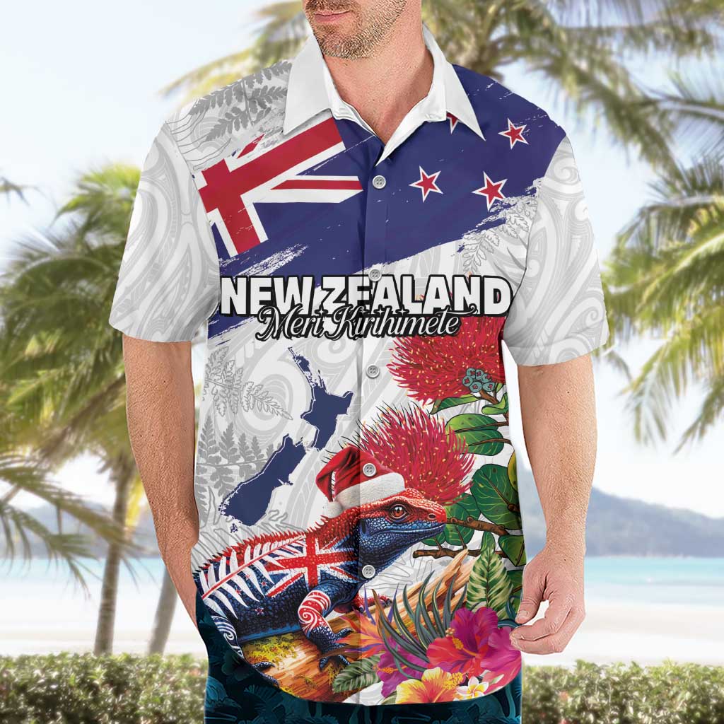 New Zealand Christmas Hawaiian Shirt Meri Kirihimete-Tuatara and Pohutukawa White Color