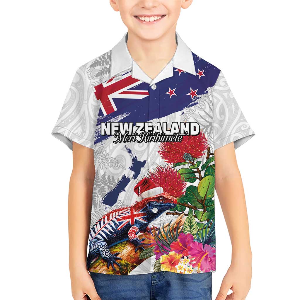 New Zealand Christmas Kid Hawaiian Shirt Meri Kirihimete-Tuatara and Pohutukawa White Color