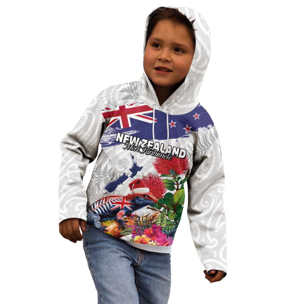 New Zealand Christmas Kid Hoodie Meri Kirihimete-Tuatara and Pohutukawa White Color