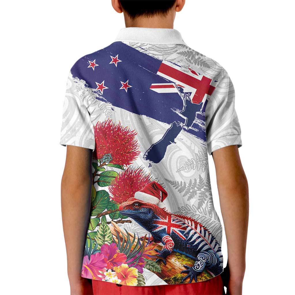 New Zealand Christmas Kid Polo Shirt Meri Kirihimete-Tuatara and Pohutukawa White Color