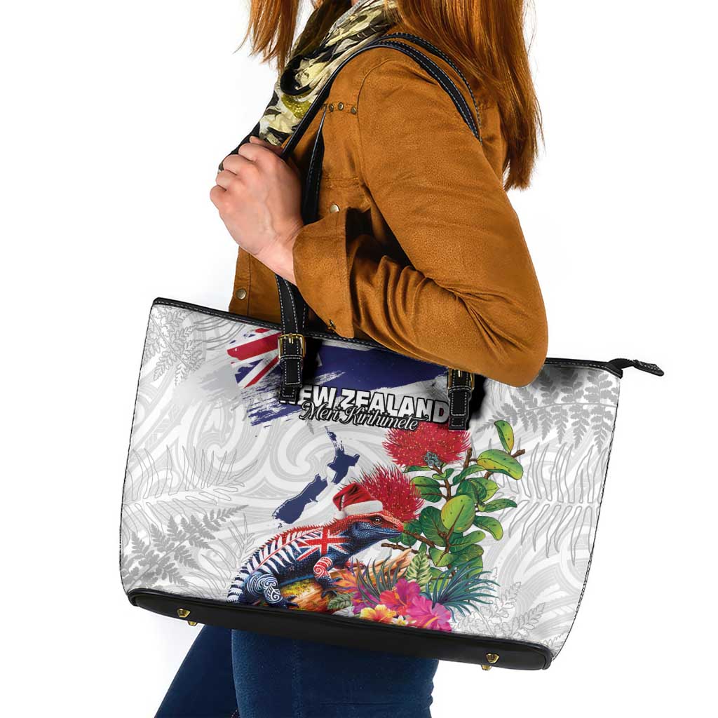 New Zealand Christmas Leather Tote Bag Meri Kirihimete-Tuatara and Pohutukawa White Color