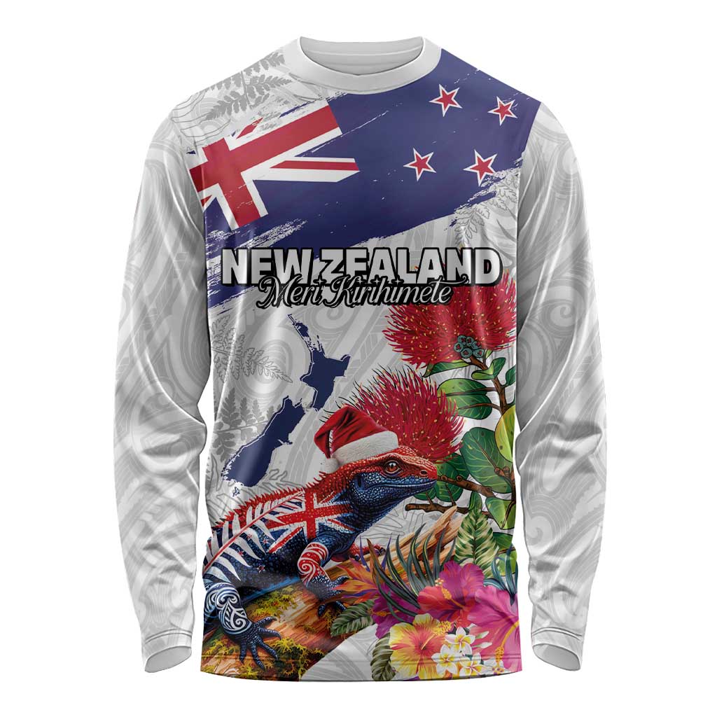 New Zealand Christmas Long Sleeve Shirt Meri Kirihimete-Tuatara and Pohutukawa White Color
