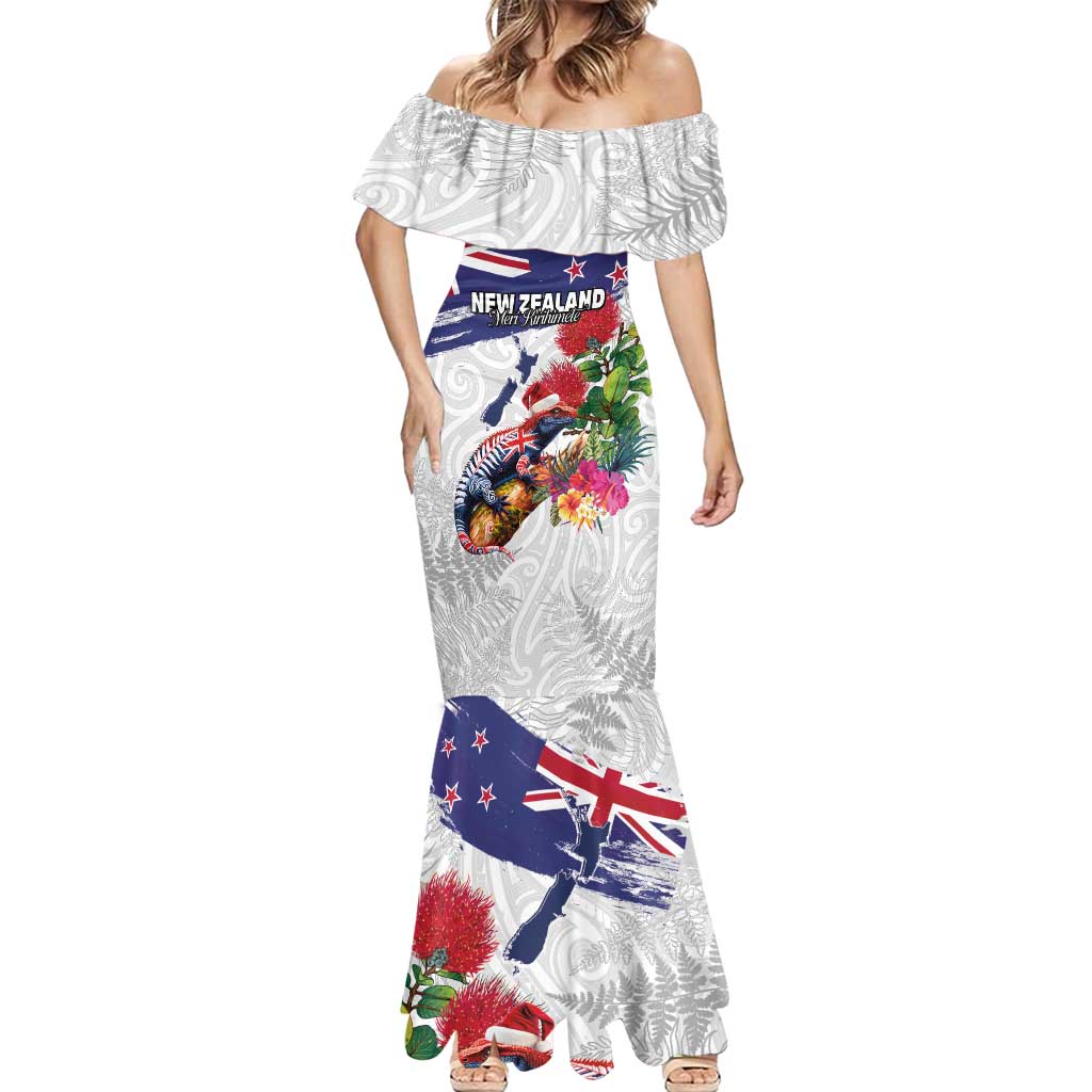 New Zealand Christmas Mermaid Dress Meri Kirihimete-Tuatara and Pohutukawa White Color