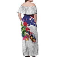 New Zealand Christmas Off Shoulder Maxi Dress Meri Kirihimete-Tuatara and Pohutukawa White Color
