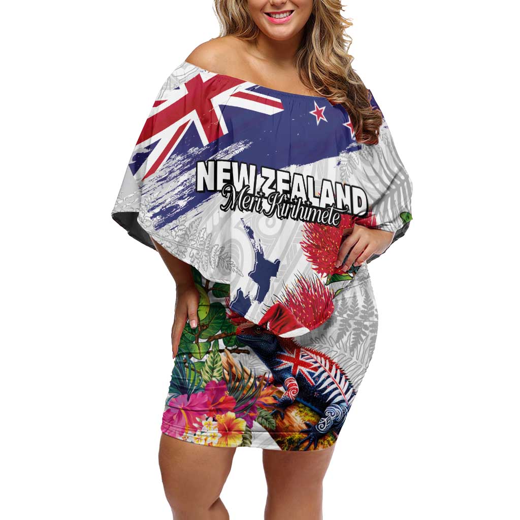 New Zealand Christmas Off Shoulder Short Dress Meri Kirihimete-Tuatara and Pohutukawa White Color