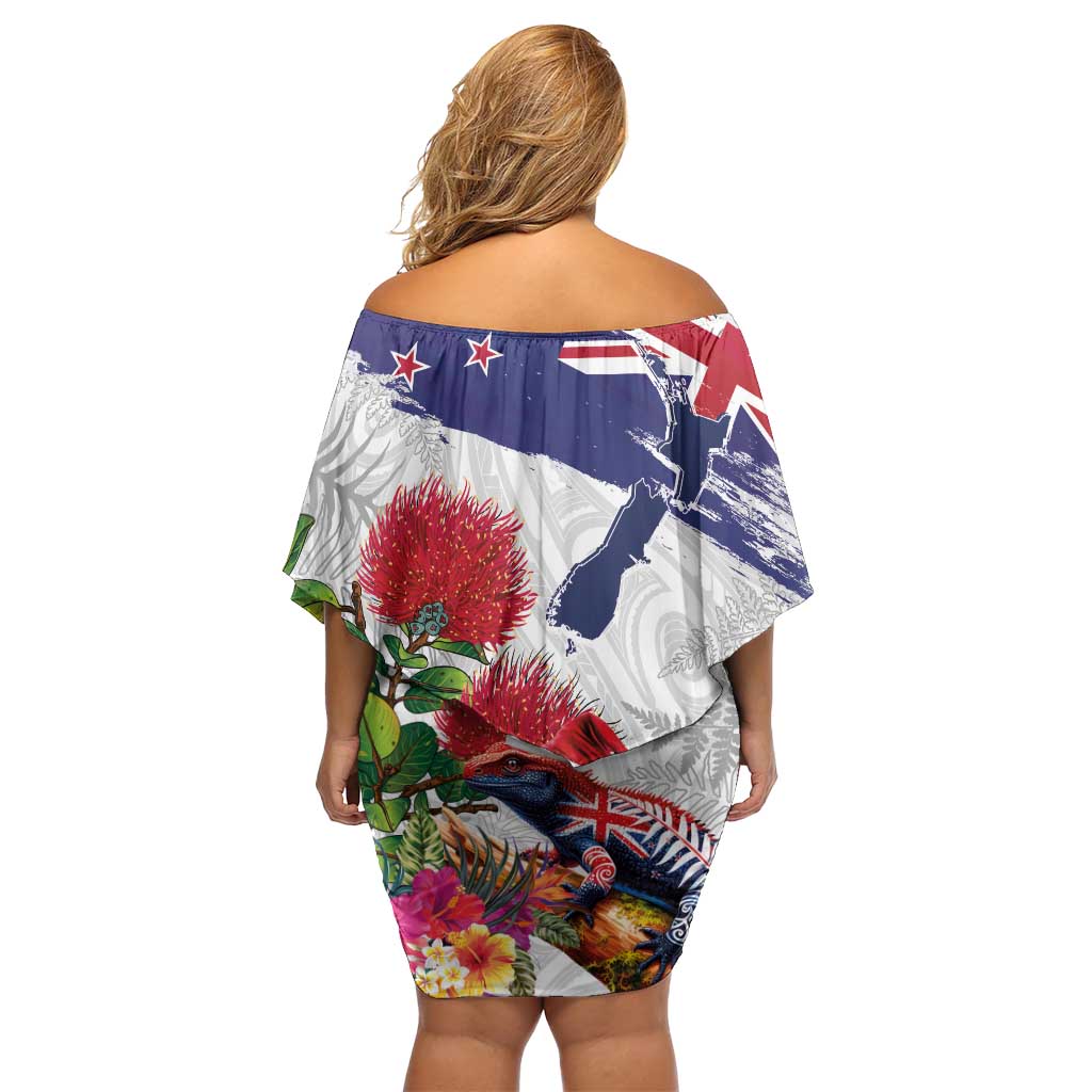 New Zealand Christmas Off Shoulder Short Dress Meri Kirihimete-Tuatara and Pohutukawa White Color