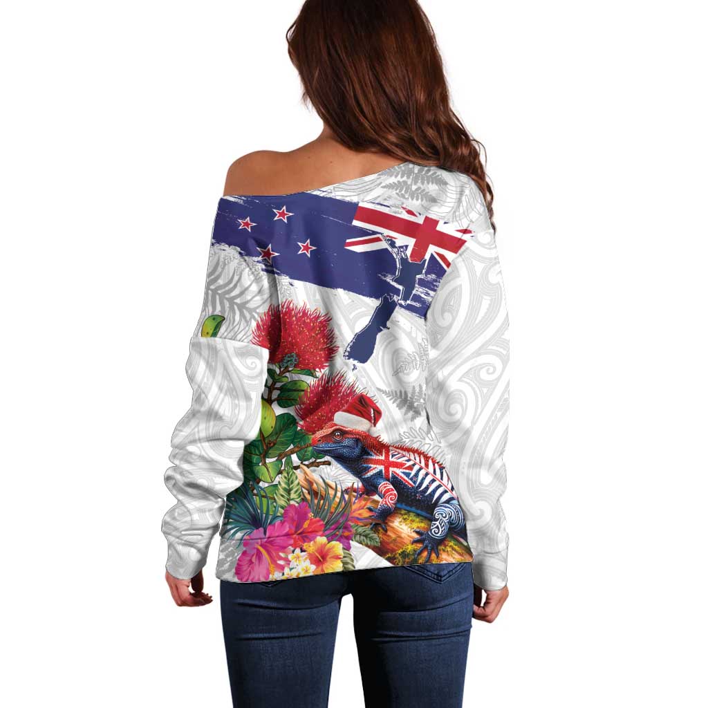 New Zealand Christmas Off Shoulder Sweater Meri Kirihimete-Tuatara and Pohutukawa White Color