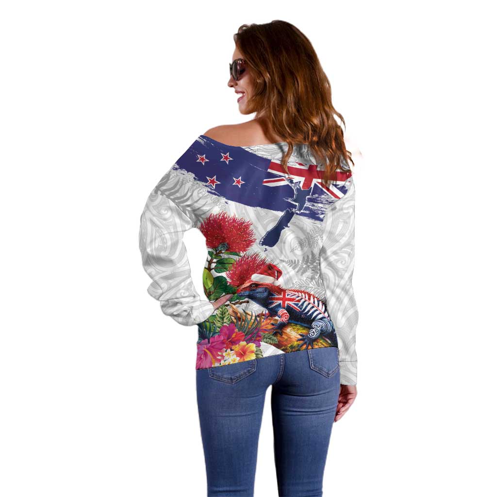 New Zealand Christmas Off Shoulder Sweater Meri Kirihimete-Tuatara and Pohutukawa White Color