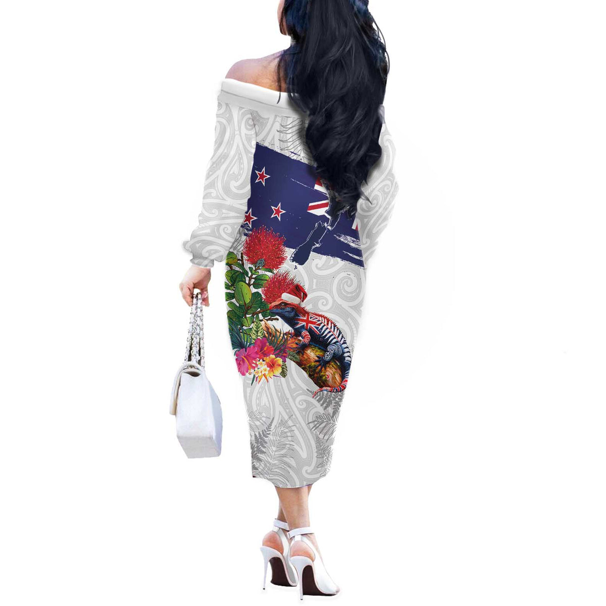New Zealand Christmas Off The Shoulder Long Sleeve Dress Meri Kirihimete-Tuatara and Pohutukawa White Color