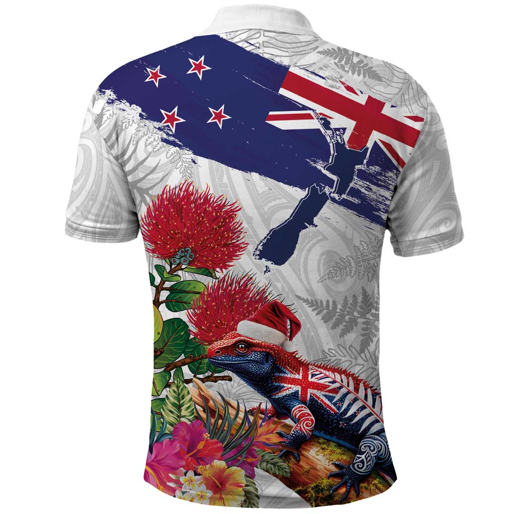New Zealand Christmas Polo Shirt Meri Kirihimete-Tuatara and Pohutukawa White Color