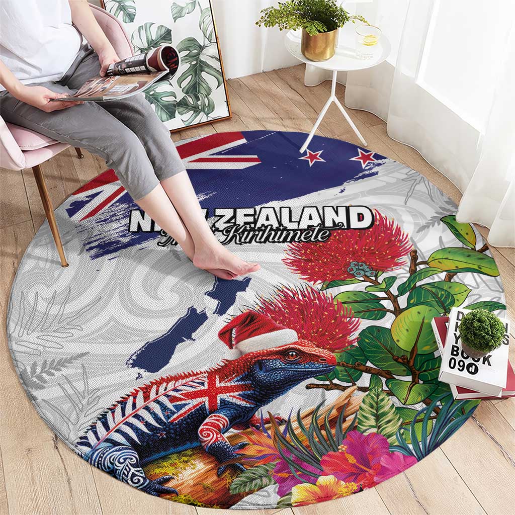 New Zealand Christmas Round Carpet Meri Kirihimete-Tuatara and Pohutukawa White Color