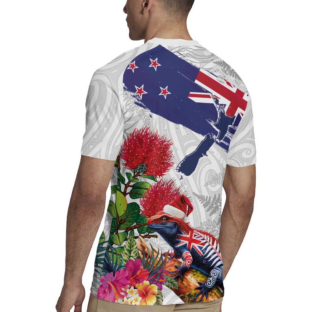 New Zealand Christmas Rugby Jersey Meri Kirihimete-Tuatara and Pohutukawa White Color