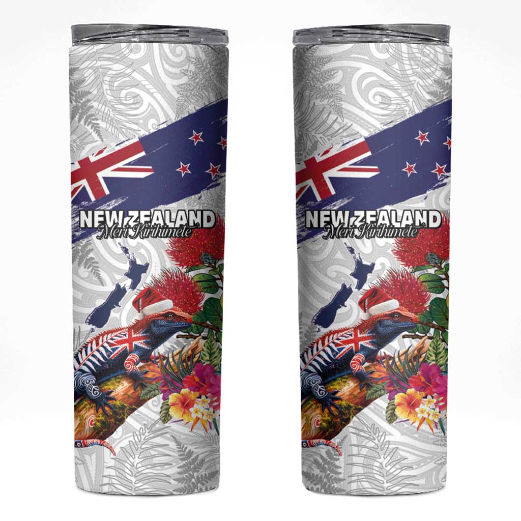 New Zealand Christmas Skinny Tumbler Meri Kirihimete-Tuatara and Pohutukawa White Color