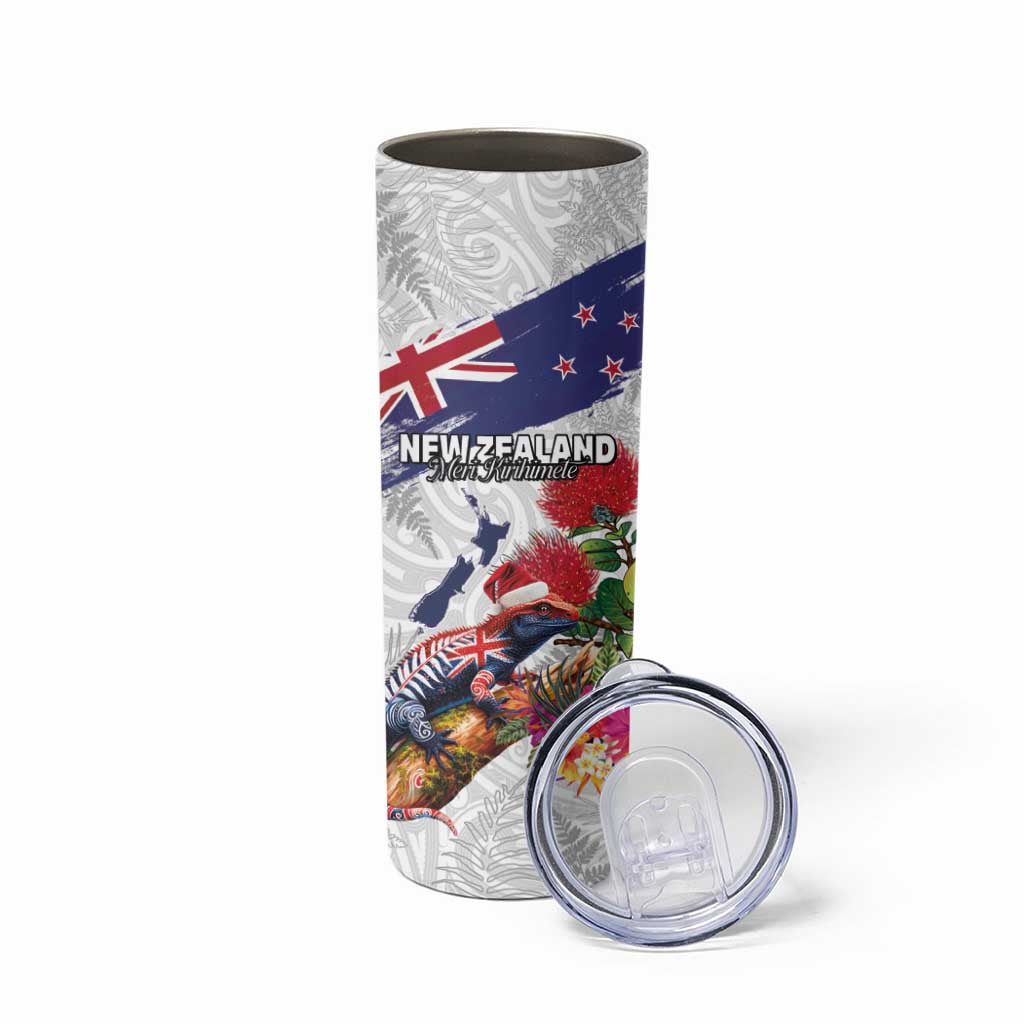 New Zealand Christmas Skinny Tumbler Meri Kirihimete-Tuatara and Pohutukawa White Color