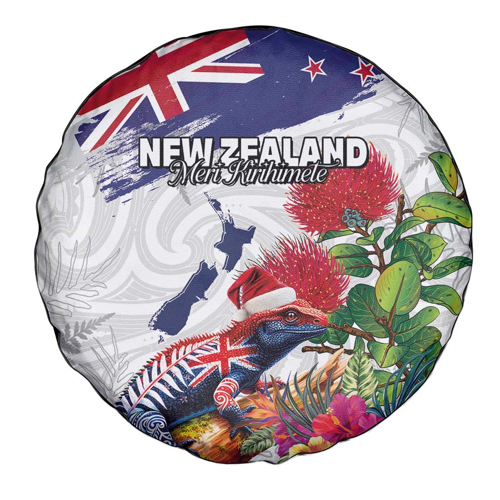 New Zealand Christmas Spare Tire Cover Meri Kirihimete-Tuatara and Pohutukawa White Color