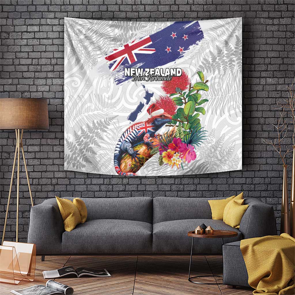 New Zealand Christmas Tapestry Meri Kirihimete-Tuatara and Pohutukawa White Color
