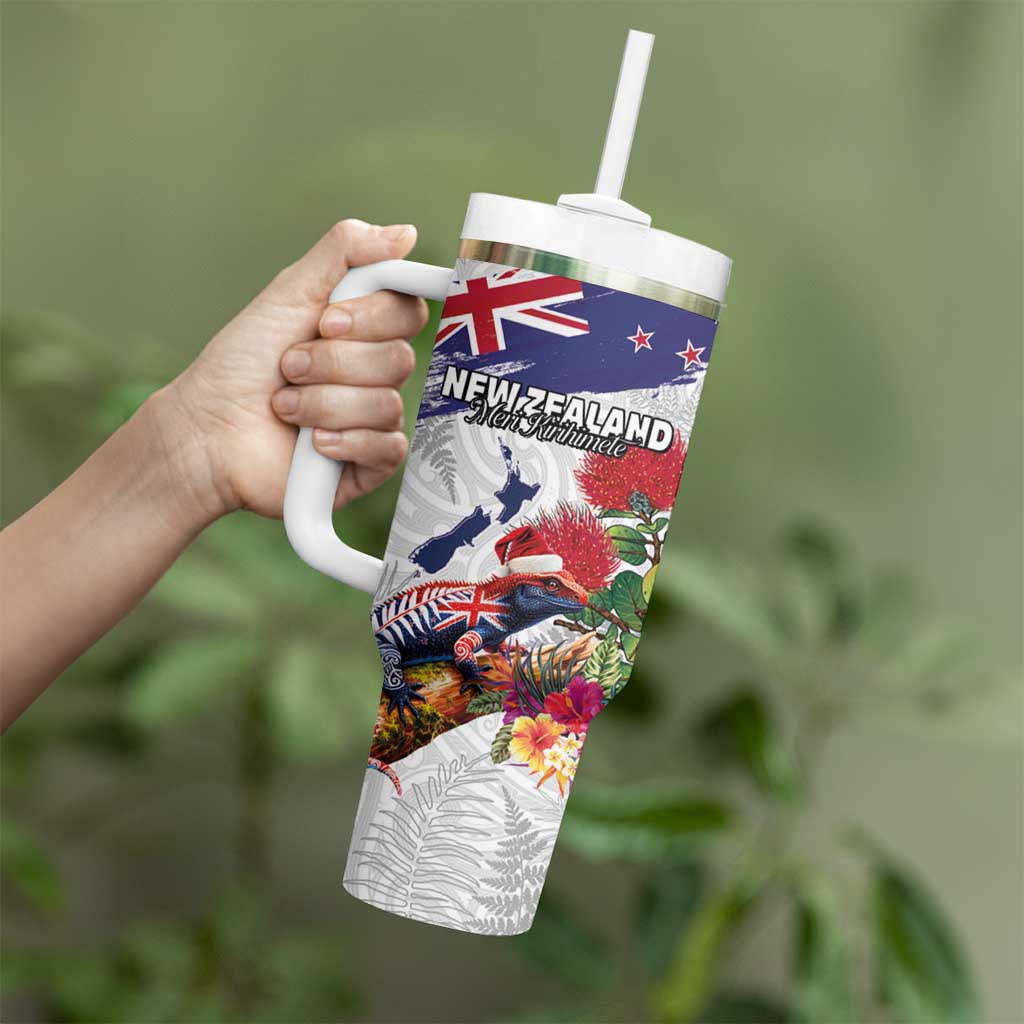 New Zealand Christmas Tumbler With Handle Meri Kirihimete-Tuatara and Pohutukawa White Color