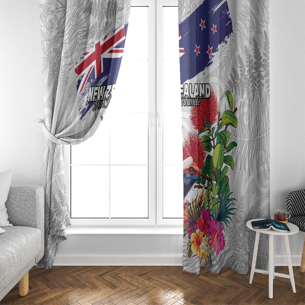 New Zealand Christmas Window Curtain Meri Kirihimete-Tuatara and Pohutukawa White Color