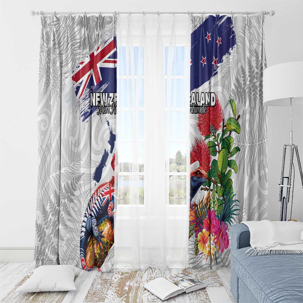New Zealand Christmas Window Curtain Meri Kirihimete-Tuatara and Pohutukawa White Color