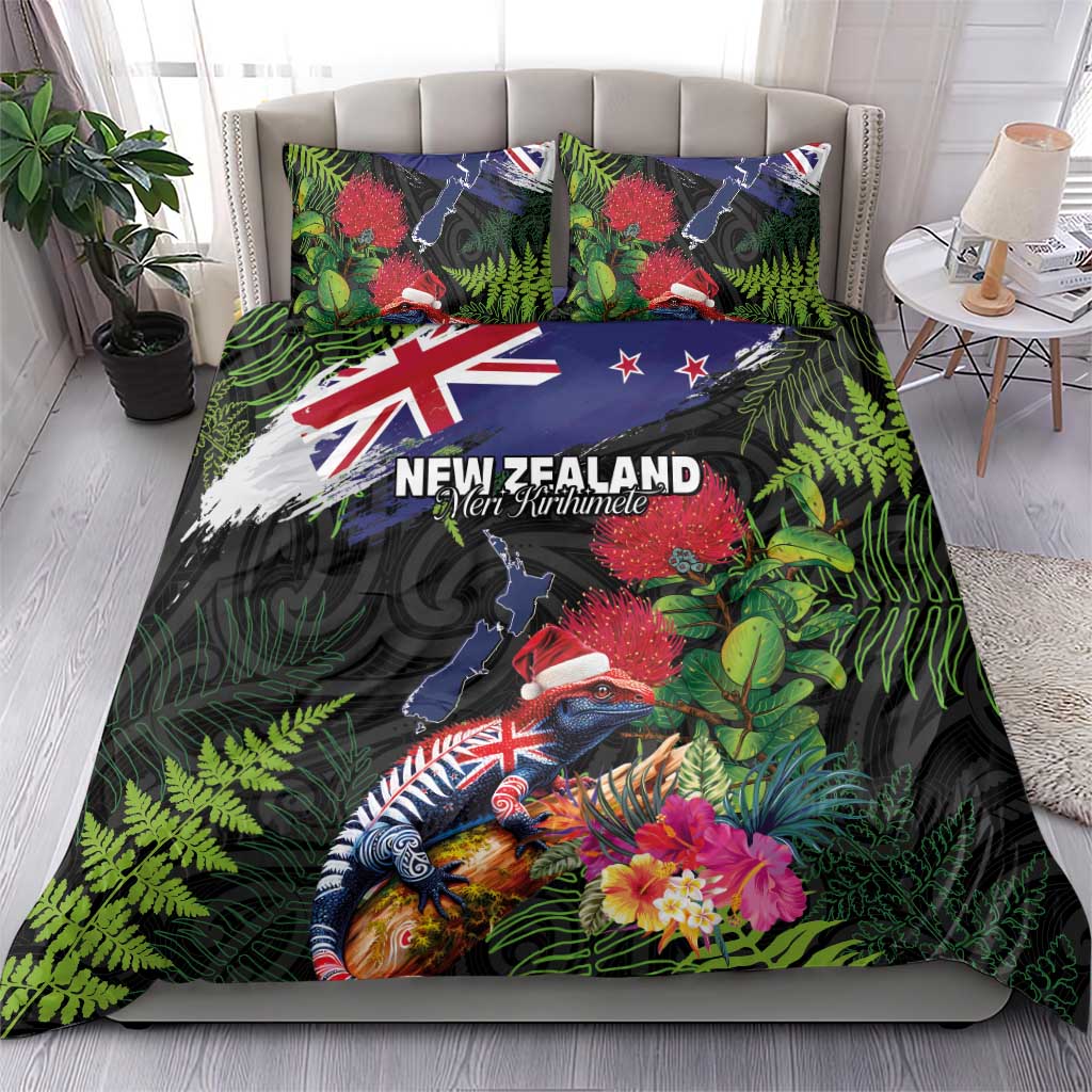 New Zealand Christmas Bedding Set Meri Kirihimete-Tuatara and Pohutukawa Black Color