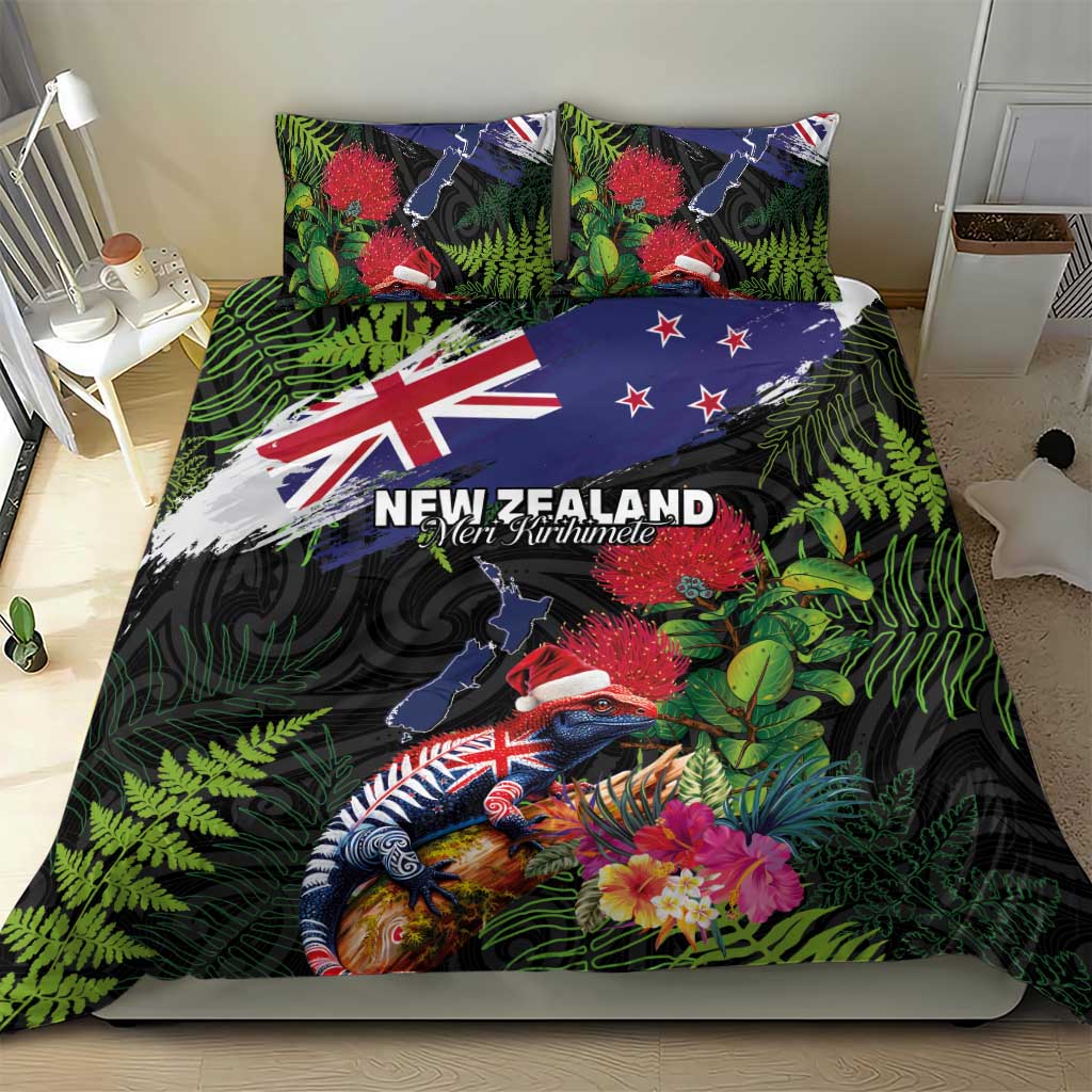 New Zealand Christmas Bedding Set Meri Kirihimete-Tuatara and Pohutukawa Black Color