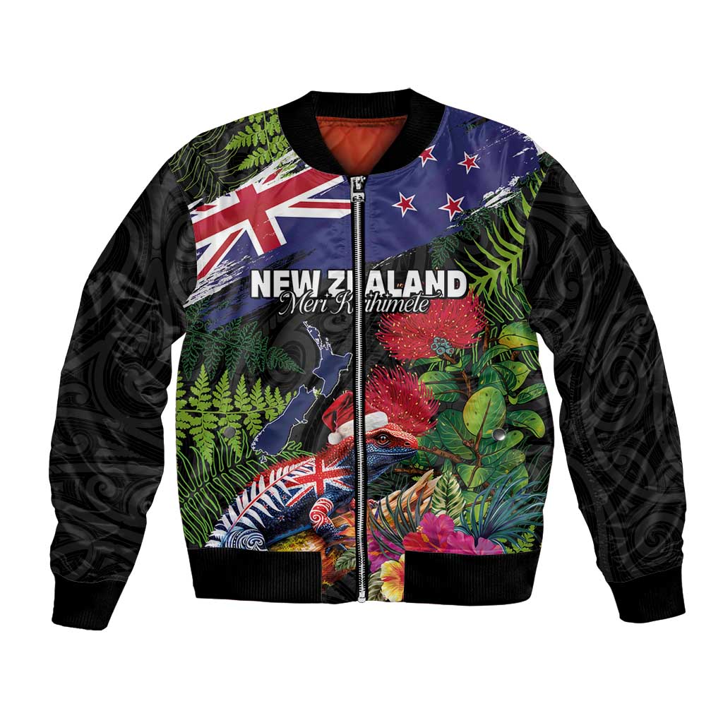 New Zealand Christmas Bomber Jacket Meri Kirihimete-Tuatara and Pohutukawa Black Color